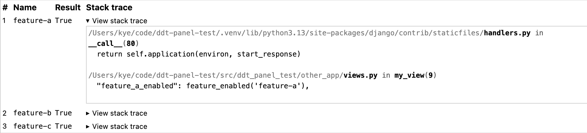 Screenshot of a DjDT panel showing a table. The table has four columns: '#', 'Name', 'Result', and 'Stack trace'. The first three columns show the evaluation number, the name of the evaluated feature flag, and the result of the evaluation respectively. The 'Stack trace' column contains a 'View stack trace' dropdown for each evaluation, which when clicked, shows the stack trace for that evaluation.