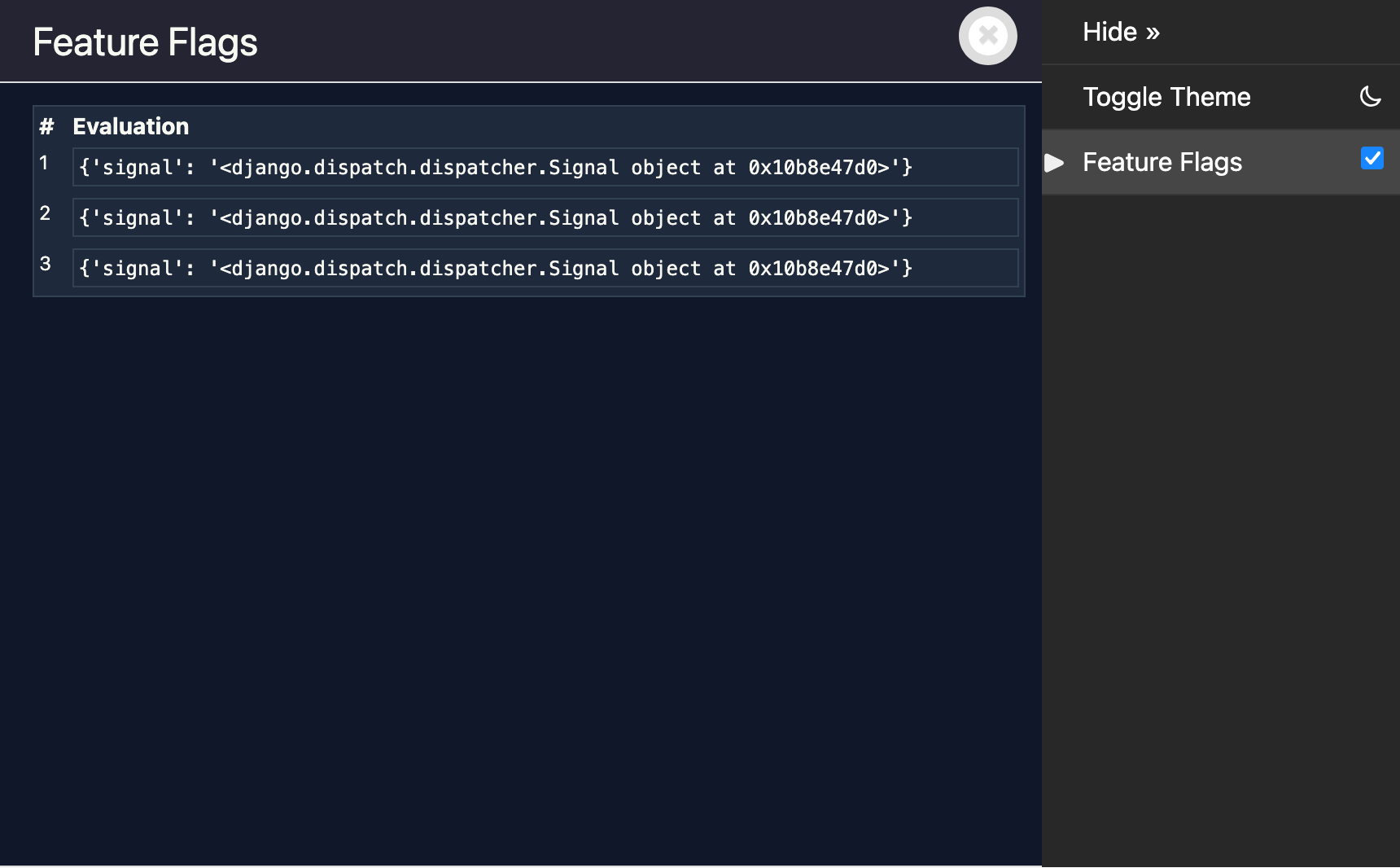 Screenshot of a DjDT panel showing a table. The table has one column, 'Evaluation', and three rows, each showing the kwargs dict for a feature flag evaluation event.